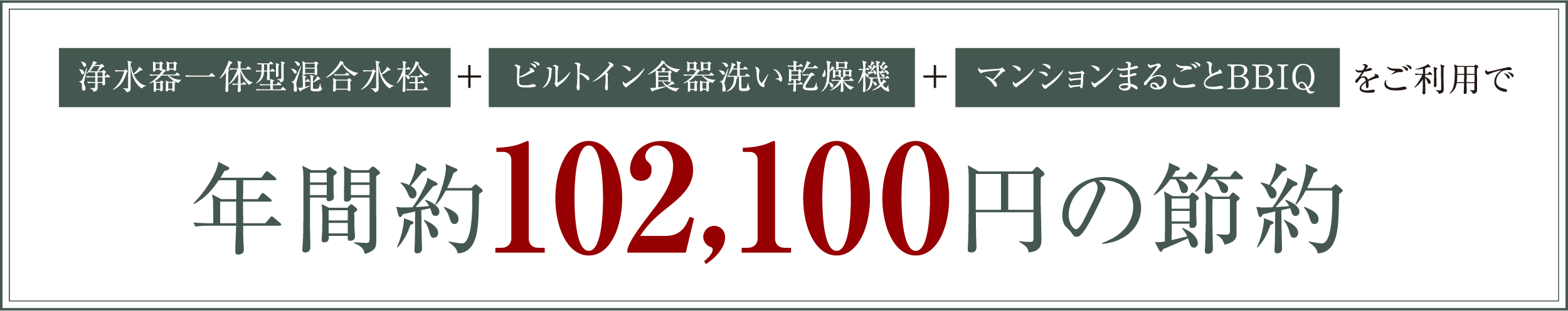 浄水器一体型混合水栓+ビルトイン食器洗い乾燥機+マンションまるごとBBIQをご利用で年間約101,300円の節約