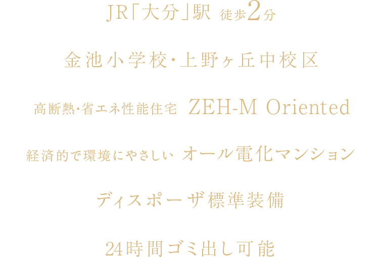 JR「大分」駅徒歩2分、金池小・上野ヶ丘中校区、高断熱・省エネ性能住宅ZEH-M oriented（取得予定）、経済的で環境にやさしいオール電化マンション、ディスポーザ標準装備、24時間ゴミ出し可能